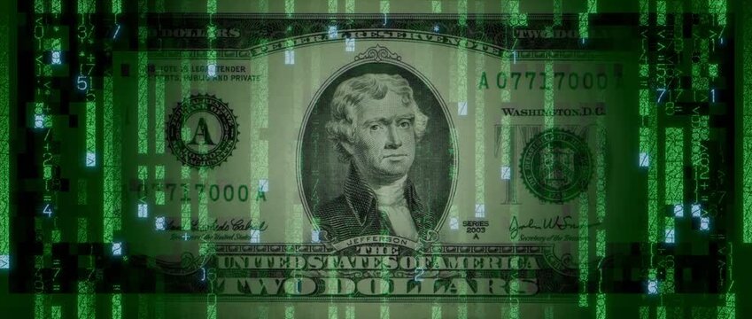 Digital Cash Concept with Two Dollar Bill made up of Animated Code. Modern Finance Wallpaper.