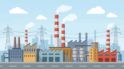Obraz premium A factory scene with industrial buildings smokestacks and power lines under a blue sky with clouds