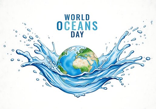 World Oceans Day concept illustration with planet earth globe emerging from large blue water splash