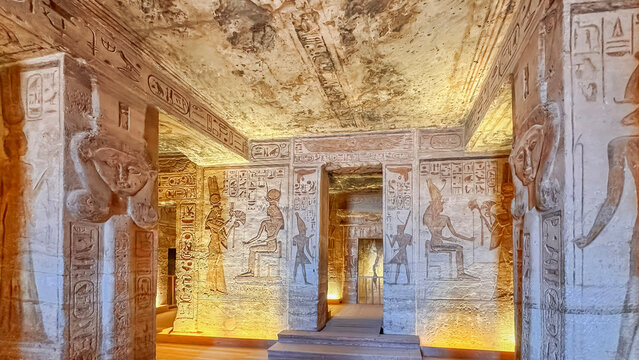 The goddess Hathor in the Temple of Nefertari near the temple of Abu Simbel, Pharaoh Ramesses II in southern Egypt, in Nubia