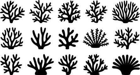 Set of black silhouette illustrations featuring diverse coral reef formations for marine life, ocean ecology, and underwater design image_014fbc.png. © MostAnzuara