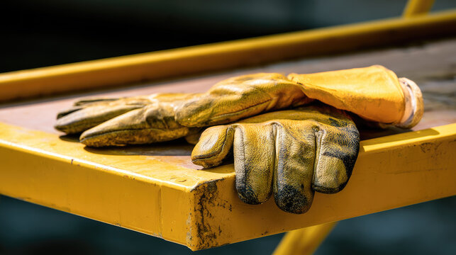 Work glove pair resting on yellow metal scaffold step, outdoor construction scene under bright sunlight, worn leather texture and industrial detail
