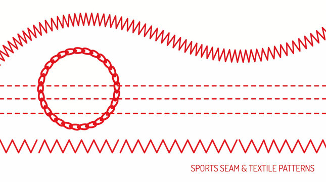 Red sports seam patterns on fabric with zigzag and dotted lines