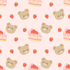 Fototapeta premium Cute teddy bear and strawberry cake seamless pattern, sweet pink pastel vector background with little bears and berries for kids and packaging