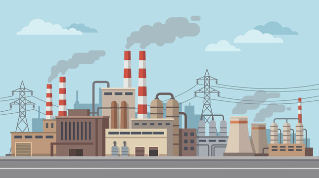 Industrial factory complex emitting smoke and pollution into the environment