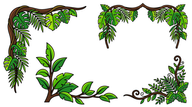 Set of decorative jungle plant borders and tropical leaf corner frames.