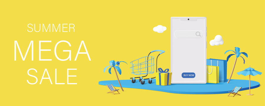 Summer mega sale online shopping banner with smartphone and shopping bags on yellow background vector illustration