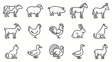 Fototapeta premium Set of farm animals outline icons collection.