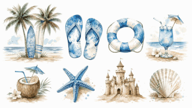 Special day A collection of beach vacation items isolated watercolor vector illustration svg