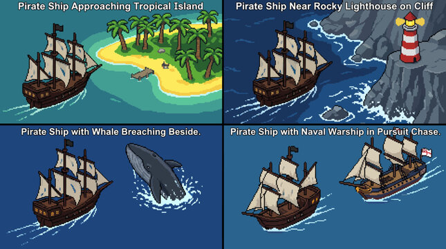 Set of Cartoon Pirate Ship Scenes with Various Encounters and Locations.