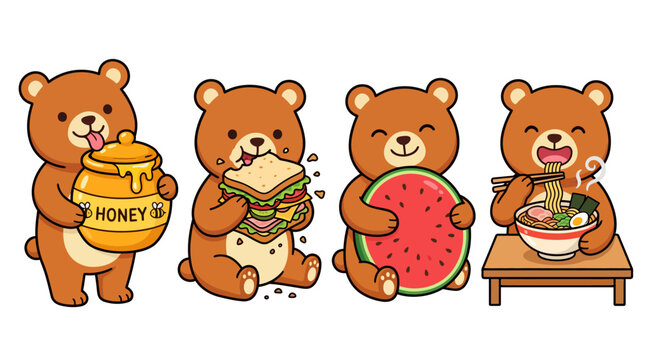 Set of cute cartoon bears eating various foods including honey sandwich watermelon and noodles.