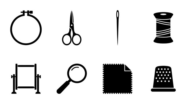 Sewing and Embroidery Tools Icon Set, Silhouette, for Craft and Hobby Projects