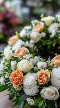 Floral wreath composed of white and peach roses, white carnations, and greenery, arranged elegantly for a funeral or memorial service setting
