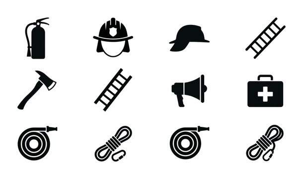 Firefighter equipment set, silhouette icons, for emergency services and safety