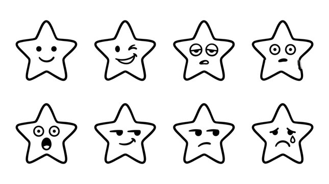 Set of cute hand drawn star characters with various facial expressions.