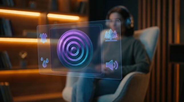 Cinematic Holographic Audio Interface Concept: Glowing 3D Soundwave and Soundscape Icons Over Blurred Person Wearing Headphones