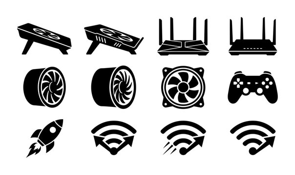 12 Computer Hardware and Gaming Icons, Silhouette, for Technology and Gaming