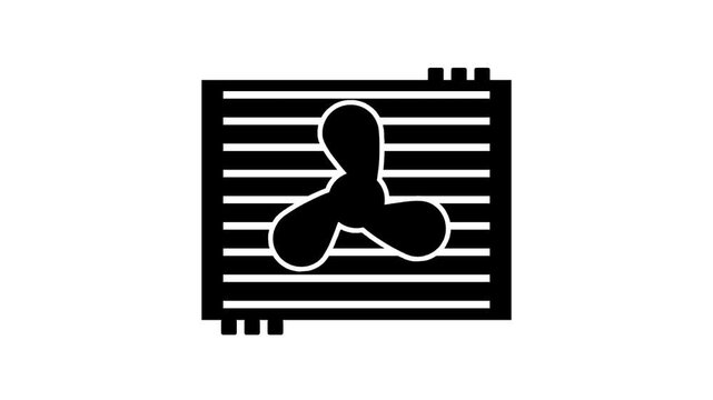 An automotive radiator and cooling fan assembly icon depicted in black silhouette, representing vehicle engine cooling system components for service reference