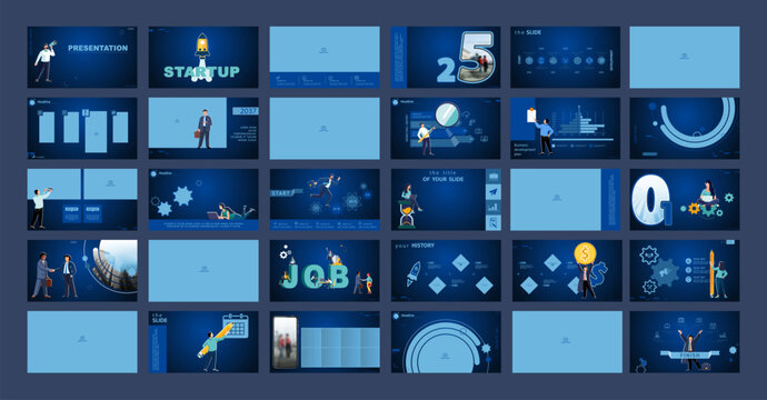 Business presentation, headline, powerpoint, launch of a new business project. Infographic design template, blue elements, blue background, set. Team of people create a business. Vector illustrations
