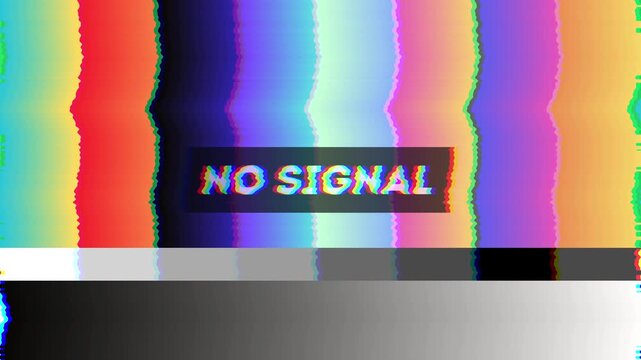 Vibrant television test pattern with 'no signal' message on a retro screen, depicting a broadcast interruption or display error background