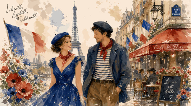 A romantic couple strolls hand-in-hand through Paris, with the Eiffel Tower and charming street scenes in the background.