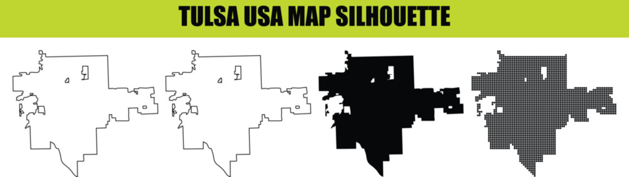 Tulsa oklahoma city map silhouette bundle with solid shapes outline versions and dotted patterns vector graphics.