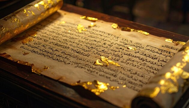 Intricate Zoroastrian Avestan script meticulously calligraphed on aged parchment with gold leaf accents