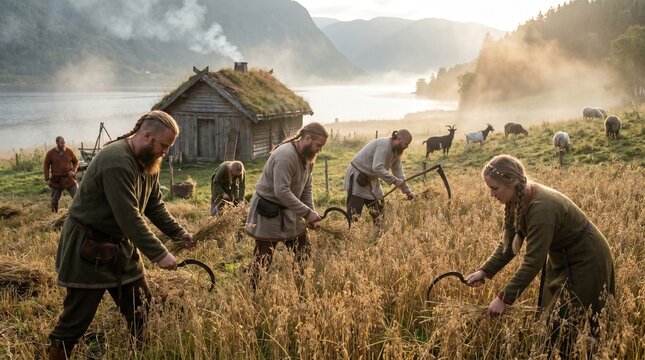 Viking settlers in traditional clothing harvesting wheat with sickles in a field near a fjord and turf-roofed house during a misty morning.
