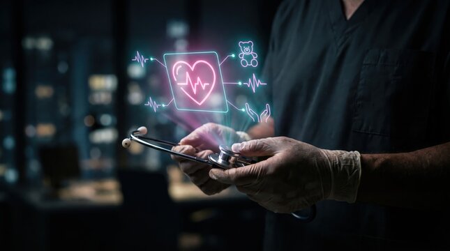 Neon Pediatric Cardiology Concept: Glowing Holographic Baby Heart and Medical UI Over Stethoscope in Dark Corporate Clinic