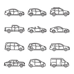 Obraz premium Diverse car silhouettes in a clean grid layout representing transportation options and automotive design
