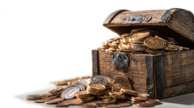 A treasure chest overflowing with gold coins, spilling onto a surface. The chest is old and wooden, suggesting a pirate's bounty or a long-lost hoard