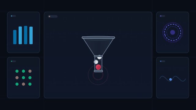 Digital data funnel animation filtering leads on a dark dashboard