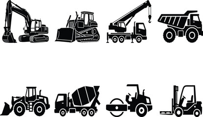 Construction Equipment Silhouette Bundle Featuring Excavator Bulldozer Crane Dump Truck Loader and Industrial Equipment Silhouette Bundle Featuring  © Prema's World