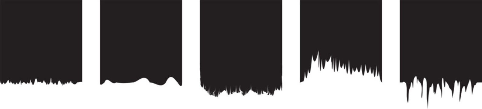 Torn paper edges and liquid drip brush stroke set. Black textured squares with abstract grunge borders, rough ripped margins, and dripping paint element vectors