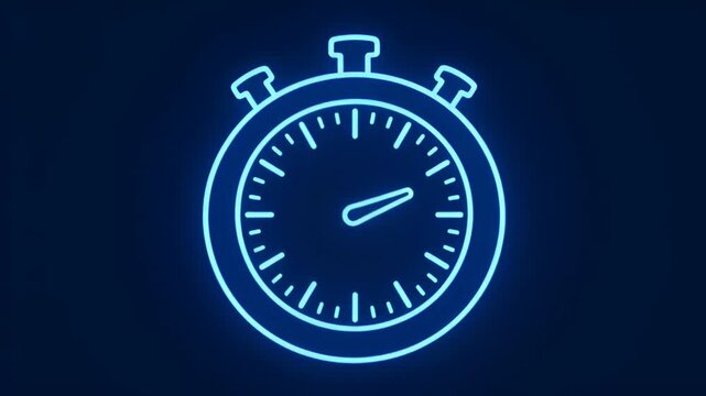Glowing neon line stopwatch icon on dark blue background, digital timer concept.