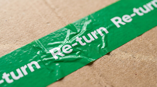 Macro Texture of Green Packaging Tape with Return Text on Cardboard