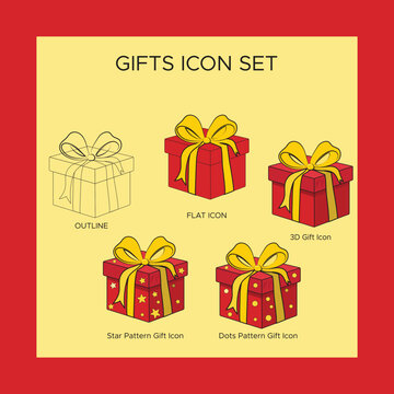 Collection of Red Vector Gift Icons Set of 05 Including Outline Style, Flat Design, 3D Effect, Dotted Pattern and Star Pattern Present Box Icons, Red and Yellow Color Themed Festive Gift Icon Pack
