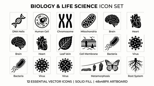 Set of 18 Essential Biology and Life Science Icons in Solid Black Style.