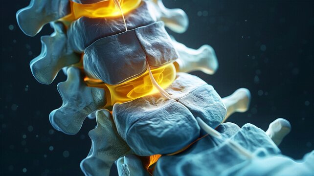 3D medical illustration of human spine vertebrae with glowing yellow intervertebral discs symbolizing back pain orthopedics chiropractic and spinal cord neurology rehabilitation