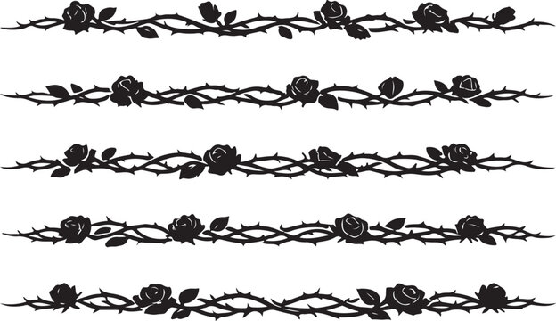  Beautiful long element of rose interlacing thorns set of 4 silhouette vector