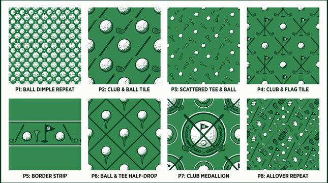 Collection of golf themed seamless pattern designs for sports apparel and fabric printing.
