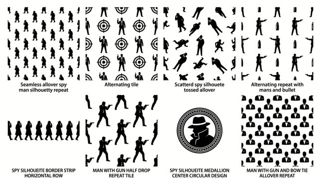Collection of seamless patterns featuring spy and secret agent silhouettes.