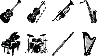 Musical instruments black silhouette vector icon set featuring guitar violin trumpet saxophone piano drums flute and harp instruments black silhouette  © Prema's World