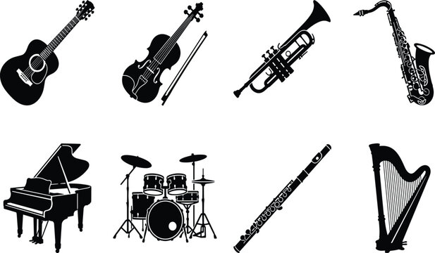 Musical instruments black silhouette vector icon set featuring guitar violin trumpet saxophone piano drums flute and harp instruments black silhouette 