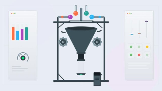 Digital machine processing data through a funnel with dashboards