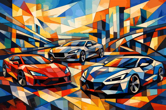 Abstract geometric artwork featuring three sports cars in vibrant colors, set against a stylized urban background.