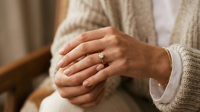 Close-up shot of elegant hand showcasing diamond engagement ring