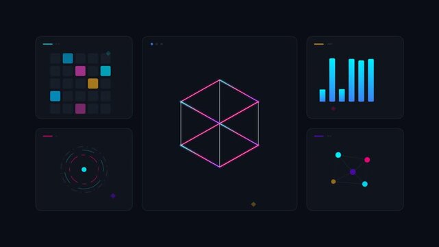 Futuristic data visualization interface with moving charts and wireframe
