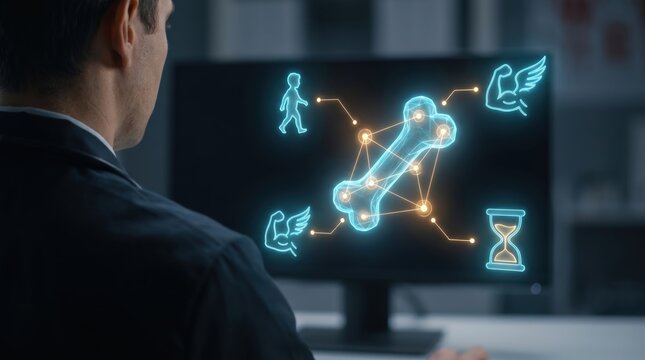 Futuristic Pediatric Care Concept: Neon Azure and Amber Holographic Bone Matrix Interface Over Blurred Physician Workstation
