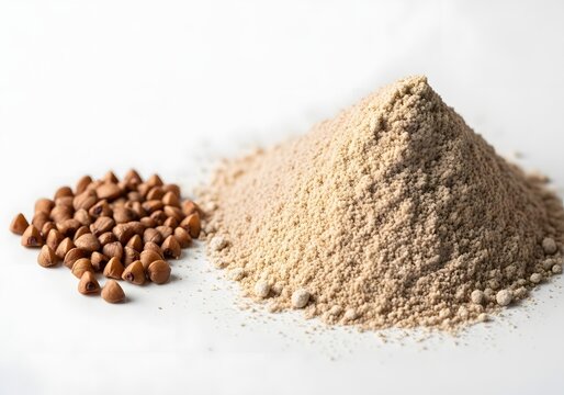 A small pile of brown chocolate morsels sits beside a larger conical mound of light brown powder, both presented on a stark illuminated surface that provides no contextual information